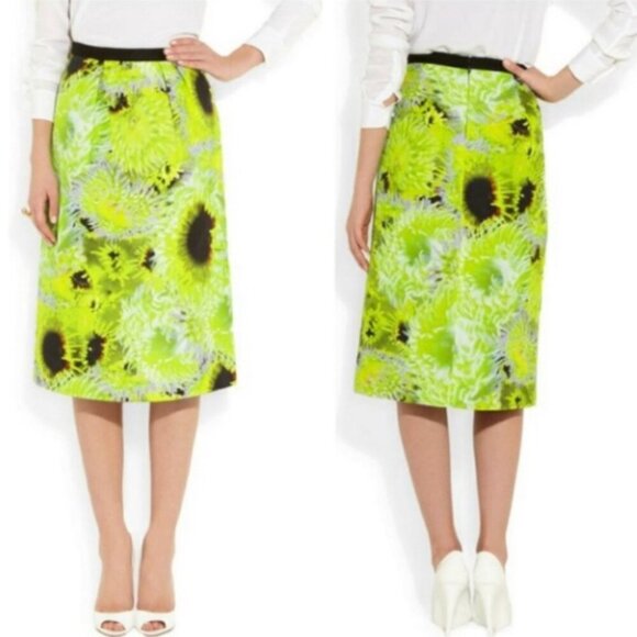 Tibi Athena Neon Green Floral Print Bold Pencil High Waisted Fitted Size 10 - Picture 1 of 11